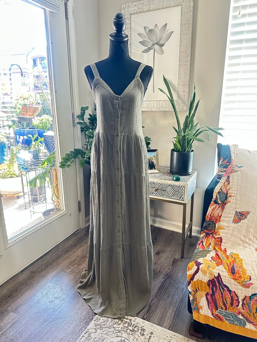 EVEREVE 100% Cotton Sleeveless Olive Maxi Dress Sz. Small